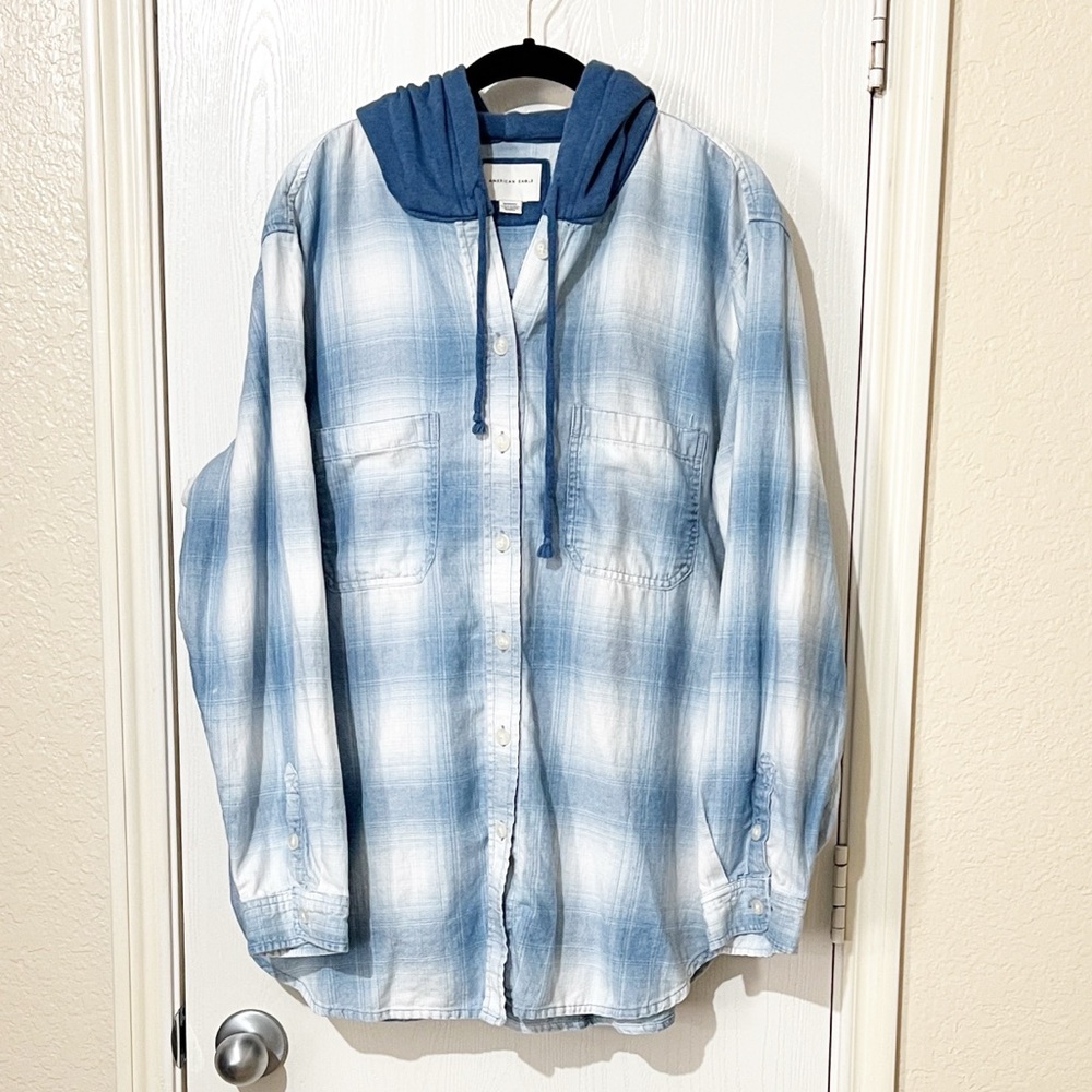 American Eagle Blue & White Plaid Hooded Flannel Boho Streetwear Casual XL